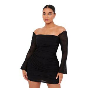 Black Ruched Off-Shoulder Mini Dress – Flare Sleeve, M